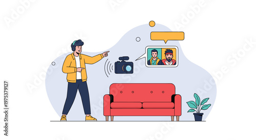 Creative video creator recording a vlog using a professional camera while standing in his living room near a red sofa.