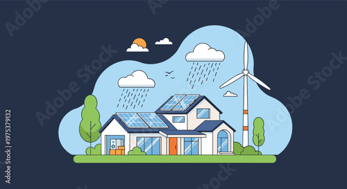 Modern eco-friendly house equipped with solar panels and a wind turbine to generate clean renewable energy during the rain.