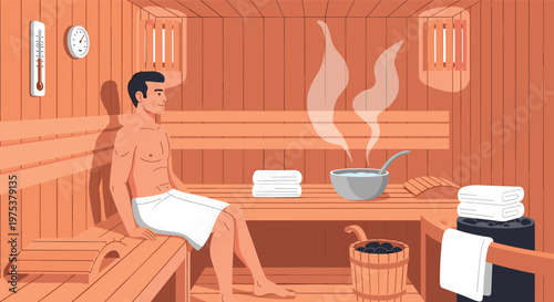 Man relaxing on a wooden bench inside a traditional sauna while enjoying the steam and peaceful atmosphere for wellness.