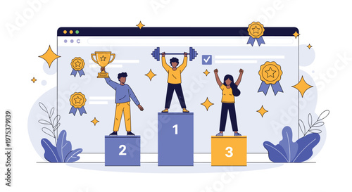 Three successful people standing on a podium with medals and a trophy to celebrate their achievements in a competition.