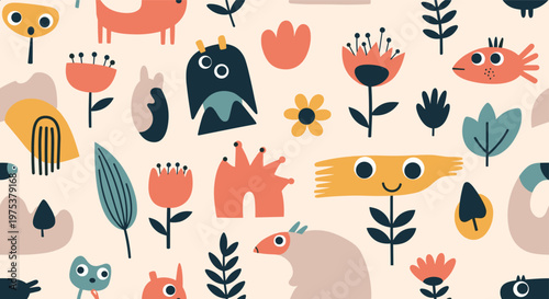 Fun seamless pattern featuring colorful quirky monsters, various plants, flowers, and abstract shapes on a light background.