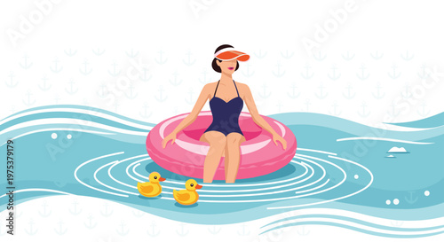 Stylish woman relaxing on a pink inflatable ring in a swimming pool surrounded by small yellow rubber ducks and waves.
