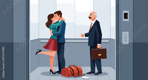 Romantic couple kissing in a modern elevator while a surprised businessman with a briefcase watches them from the side.