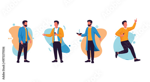 Set of four diverse male characters in various casual and stylish outfits including jackets and coats standing in different poses.