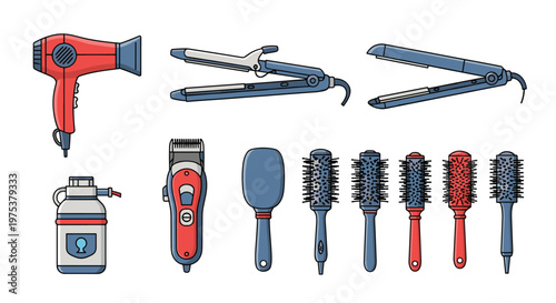 Professional hairdressing and styling tools collection including hair dryer, curling irons, clippers, spray bottle, and various brushes.