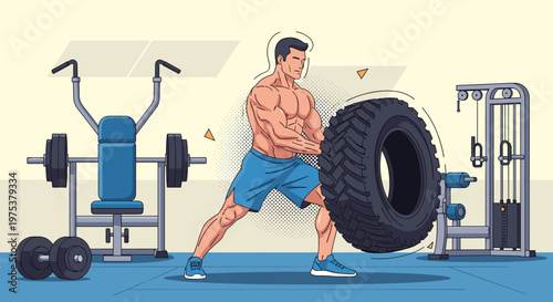 Muscular athlete performing a tire flip exercise in a gym equipped with weight machines and dumbbells for strength training.