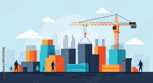 Busy construction site in an urban environment featuring colorful buildings under development and a large yellow tower crane.