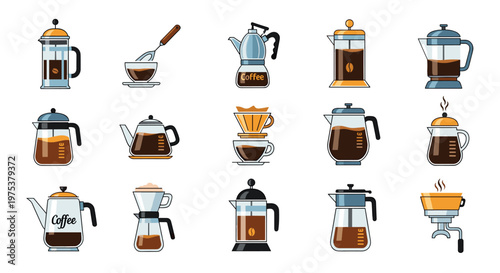 Extensive collection of various coffee making equipment icons including french press, moka pot, pour over, and drip brewers.