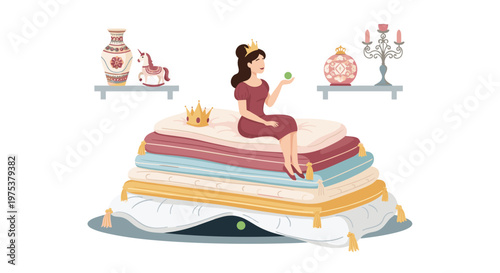 Princess sitting on a very high stack of colorful mattresses and pillows in a royal room with a small green pea underneath.