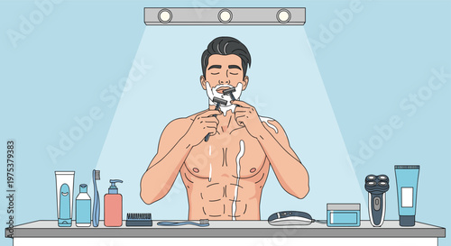Muscular man with foam on his face shaving with a manual razor while standing in front of a bathroom mirror under bright lights.