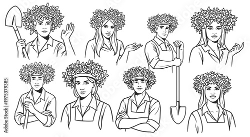 Illustration of a woman in various gardening poses with a shovel