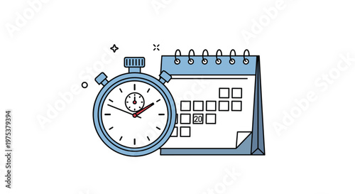 Stopwatch icon placed in front of a blue desk calendar on a white background representing time management and deadlines.