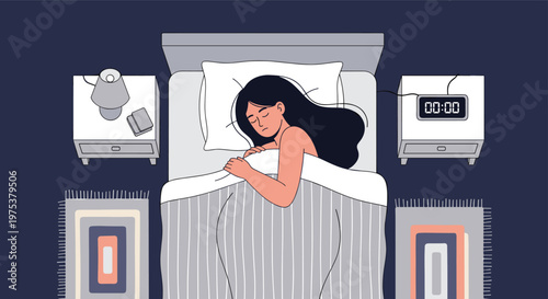 Peaceful young woman sleeping comfortably in her bed at midnight with a digital clock on the nightstand showing exactly 00:00.