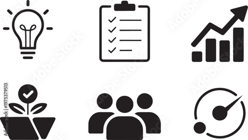 Icons depicting a lightbulb, a checklist, a rising bar graph, a growing plant, a team, and a speedometer are arranged in a clean grid for use in professional business and productivity reports.