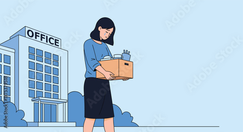 Distraught young woman carrying a box of personal office belongings after being fired or resigning from her job at a large company.