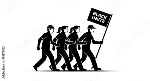 Group of people marching together in solidarity with a black unite sign.