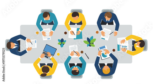 Overhead perspective of a diverse business team sitting around a rectangular conference table during a productive office meeting.
