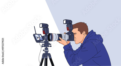 Professional male photographer using a high-end digital camera with a large telephoto lens mounted on a sturdy tripod for a shoot.
