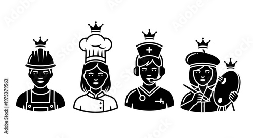 Four professions represented by black silhouettes with crowns on a white background.