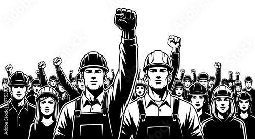 A group of workers and activists standing together in protest with raised fists.