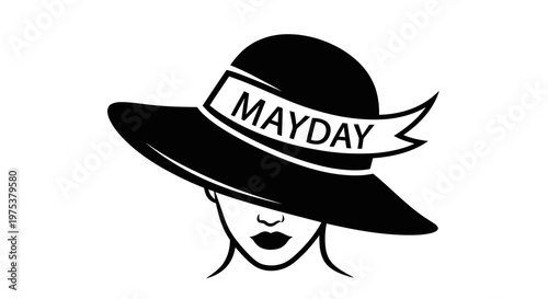 Woman wearing a hat with a ribbon that says mayday in a simple illustration.