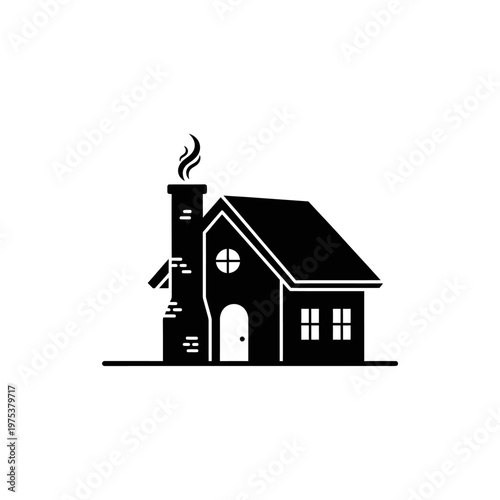 Simple black house with chimney and smoke background