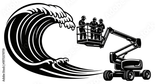 Workers on a lift ride a massive wave in a stylized illustration