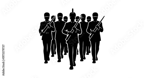 A marching band in uniform playing various instruments