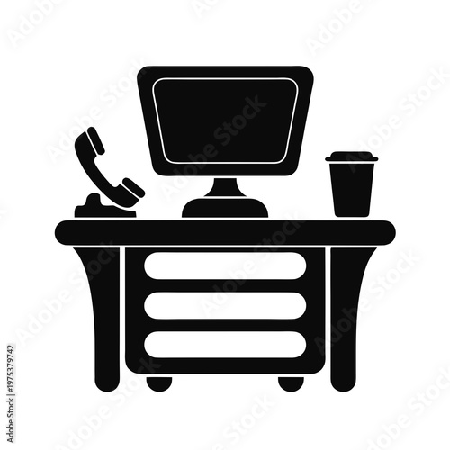 Office desk, workspace icon, business furniture, computer workstation
