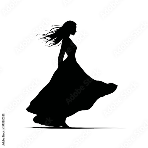 Silhouette of a woman in a flowing dress dancing gracefully