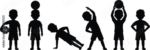 Detailed black silhouette of a young boy performing various physical activities like basketball exercise and stretching for fitness and health.