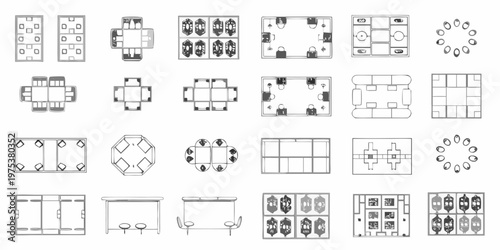 Architectural plan views of furniture arrangements and room layouts