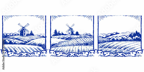 A triptych depicting windmills in a rural landscape sketched in blue ink