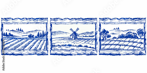 Three framed sketches depict rolling hills fields and a windmill