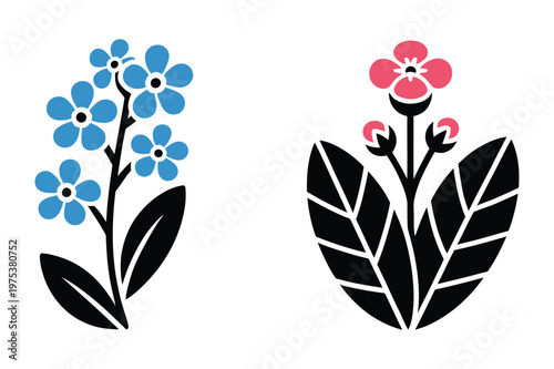 Stylized blue forget-me-not and pink abstract flower bloom vector illustration