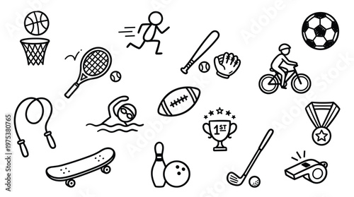 Collection of hand drawn sports icons and symbols representing various athletic activities and achievements on a white background