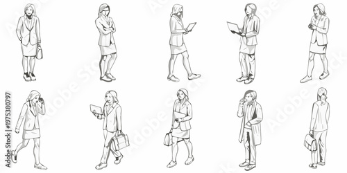 Sketch of businesswomen in various poses with professional attire