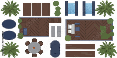 Aerial view of a backyard patio with pool dining and landscaping