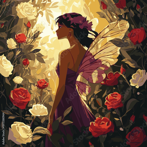 A serene fairy surrounded by vibrant roses in a mystical garden, evoking beauty and enchantment.
