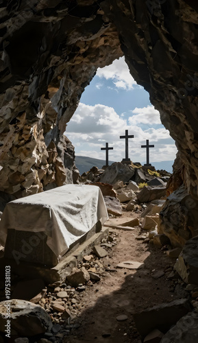 Cave wall frames open door with crosses in pale blue sky