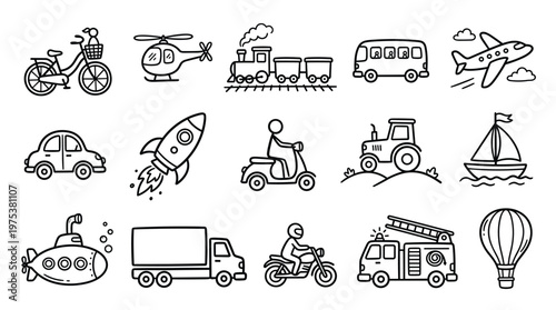 Collection of hand-drawn transportation icons including bicycle helicopter train bus airplane car rocket scooter tractor sailboat submarine truck motorcycle fire engine and hot air balloon