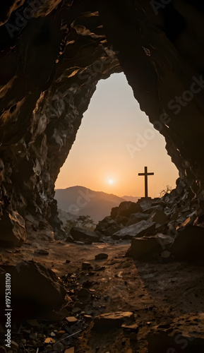 Yellow dawn behind cross through cave’s stone doorway