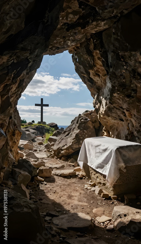 Dark cave with open stone door and cross in blue dawn light
