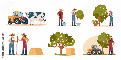 Illustrative farm scene depicting people livestock and agricultural elements