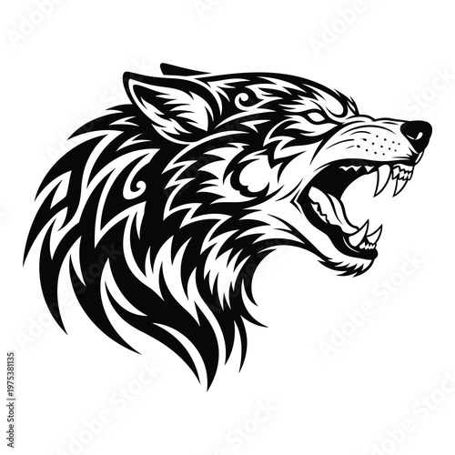 Blackandwhite illustration of angry wolf head with sharp teeth and furious expression profile icon