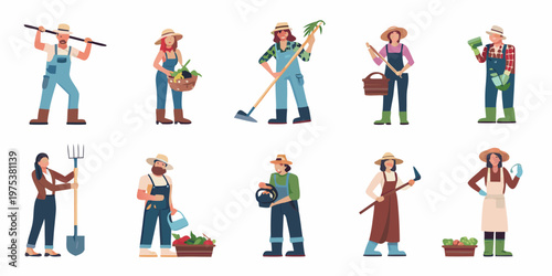 Diverse group of farmers and agricultural workers with various tools