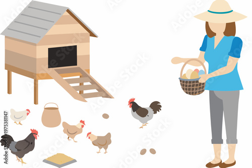 A woman collects eggs near a chicken coop with several chickens