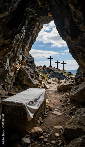 Open cave door reveals crosses in soft blue daylight