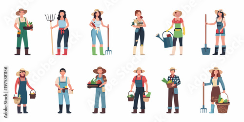 Diverse group of cartoon farmers and gardeners working with tools