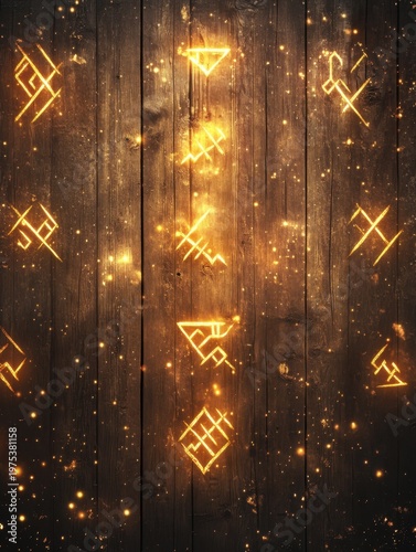 A wooden texture with engraved golden runes glowing softly, surrounded by sparkling dust 